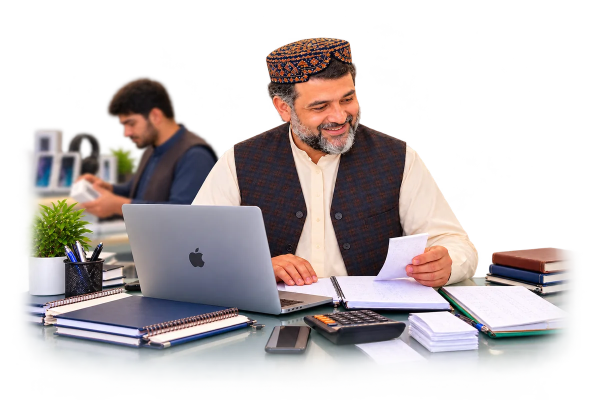 صاحب کسبوکار افغان در حال بررسی رسید کنار لپتاپ و همکار او در حال خدمت به مشتری